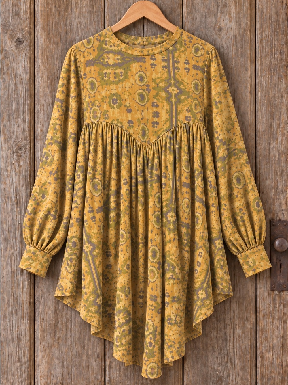 Women's Mustard Floral Babydoll Long-Sleeve Top